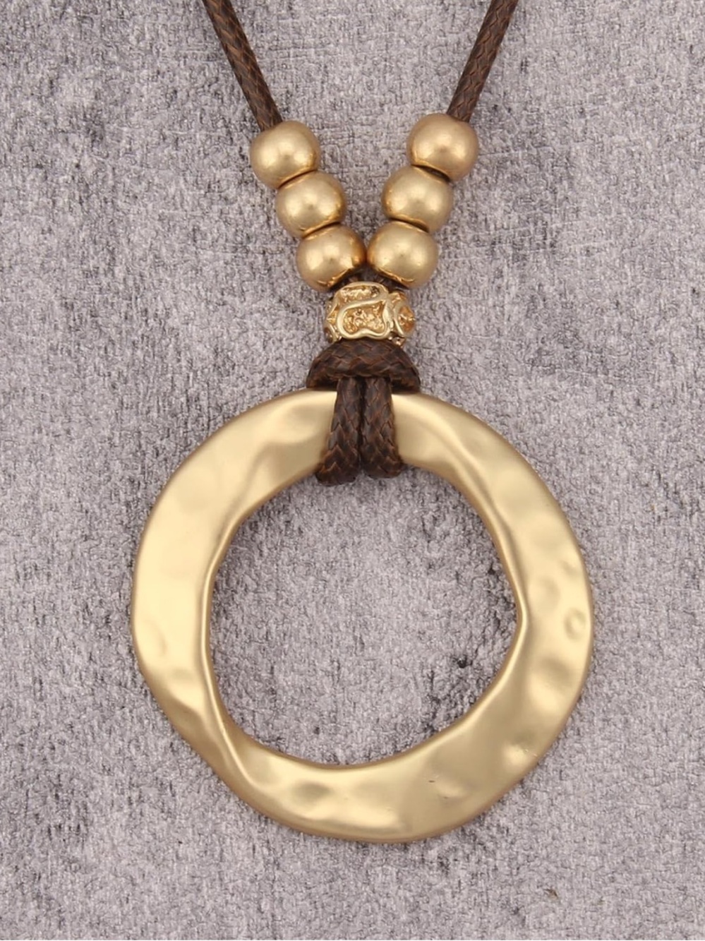 Anthropologie Gold Hammered Ring Pendant Necklace on Brown Cord - Picture 2 of 9